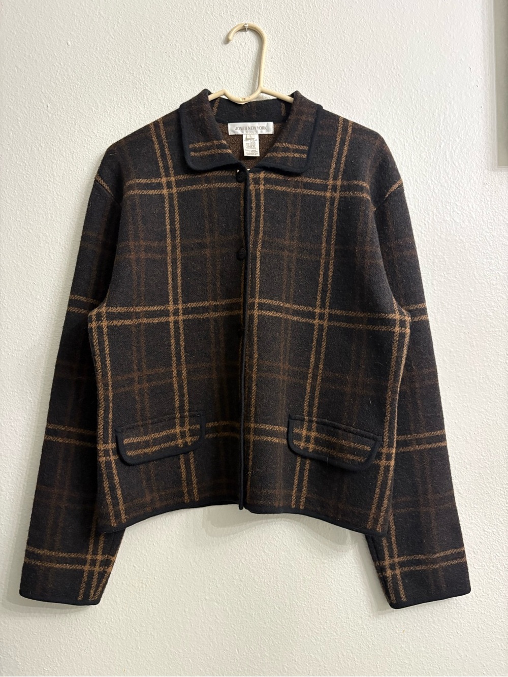 vintage windowpane plaid button-front knit cardigan jacket jones New York